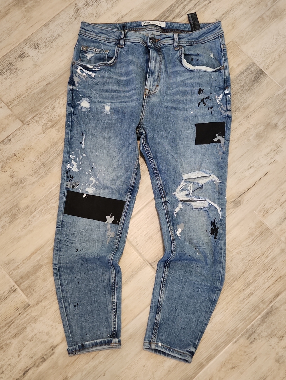 Zara Men's Skinny Jeans with Patch & Paint Details